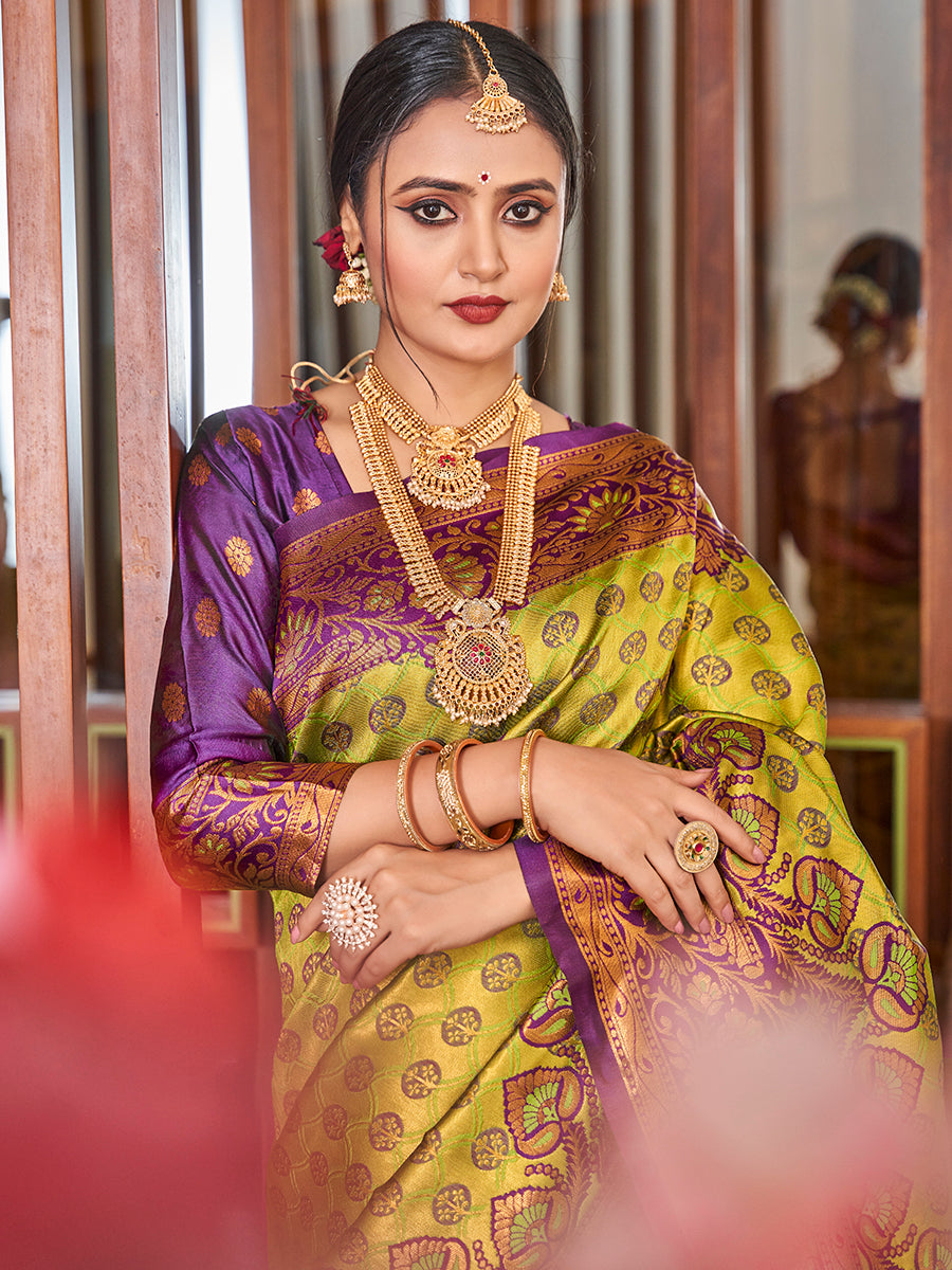 Yellow & Purple Zari Woven Wedding Banarasi Silk Saree