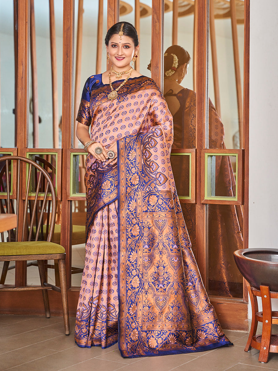 Beige & Blue Zari Woven Wedding Banarasi Silk Saree