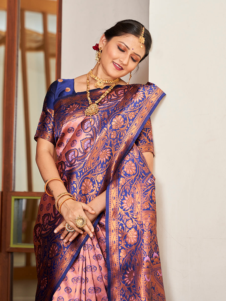 Beige & Blue Zari Woven Wedding Banarasi Silk Saree