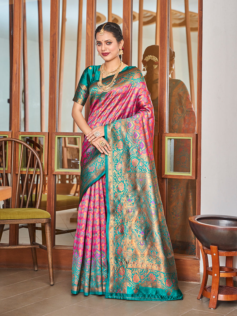 Pink & Blue Zari Woven Wedding Banarasi Silk Saree