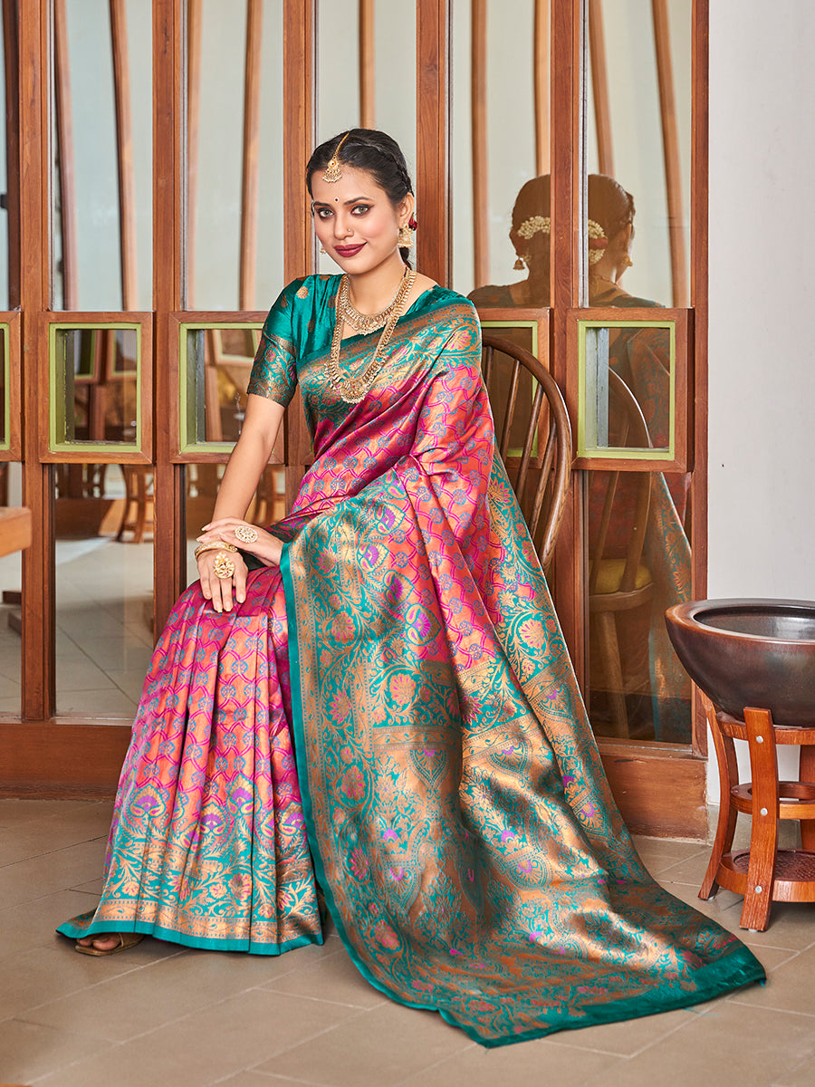 Pink & Blue Zari Woven Wedding Banarasi Silk Saree