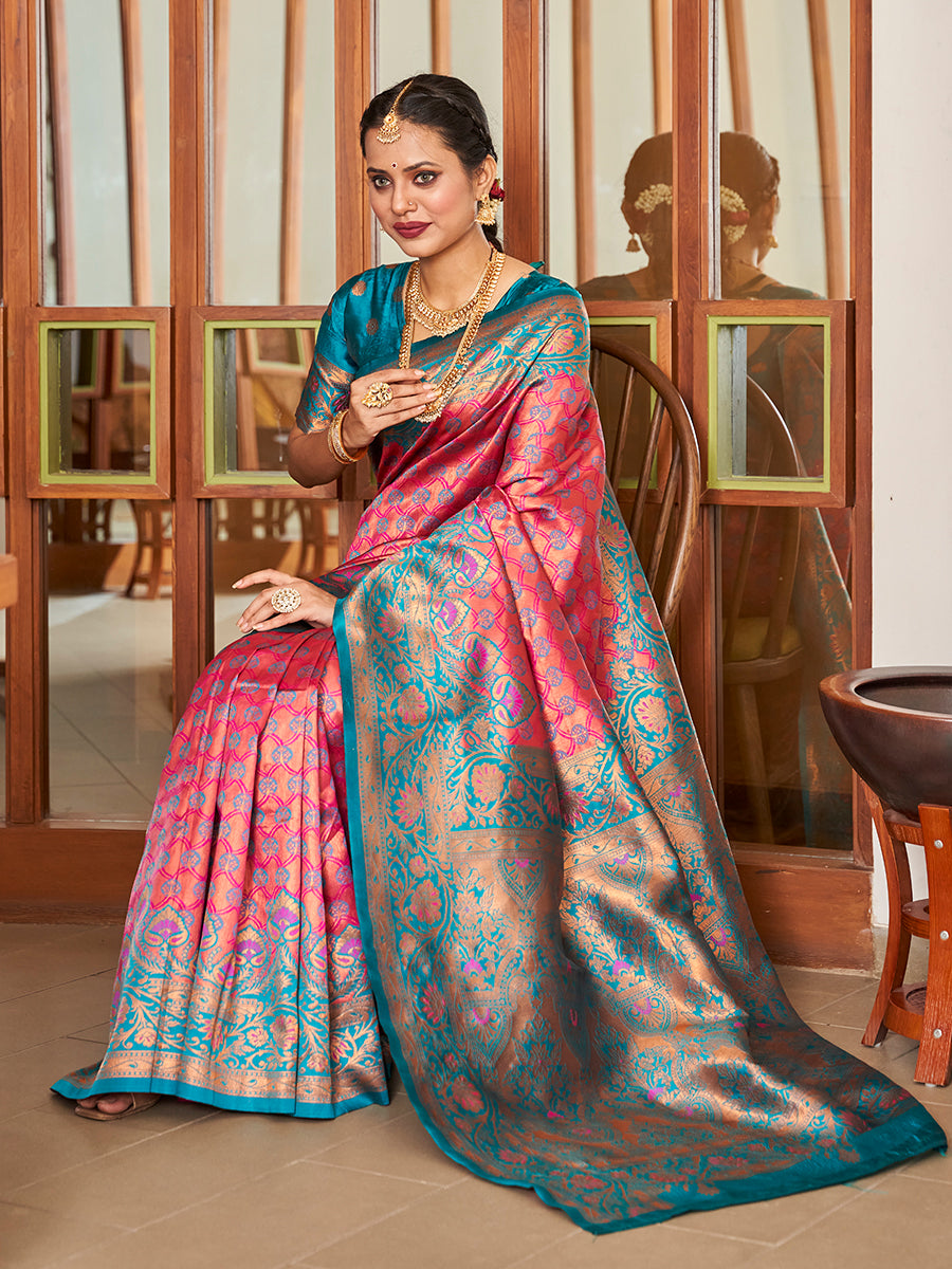 Pink & Blue Zari Woven Wedding Banarasi Silk Saree