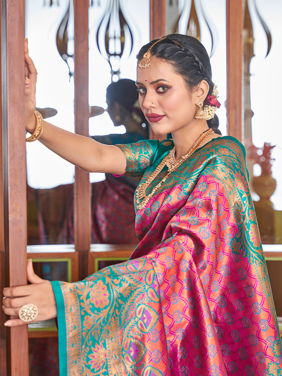 Pink & Blue Zari Woven Wedding Banarasi Silk Saree