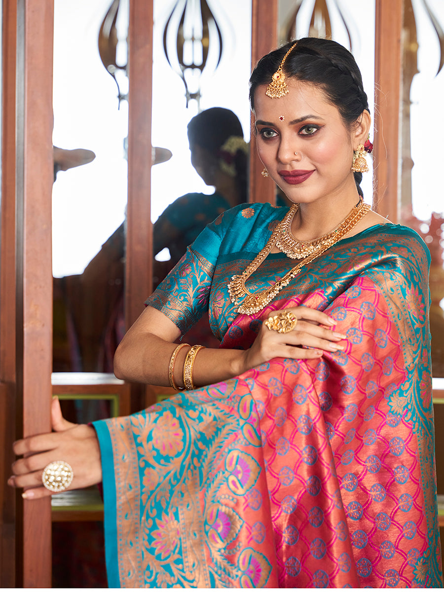 Pink & Blue Zari Woven Wedding Banarasi Silk Saree