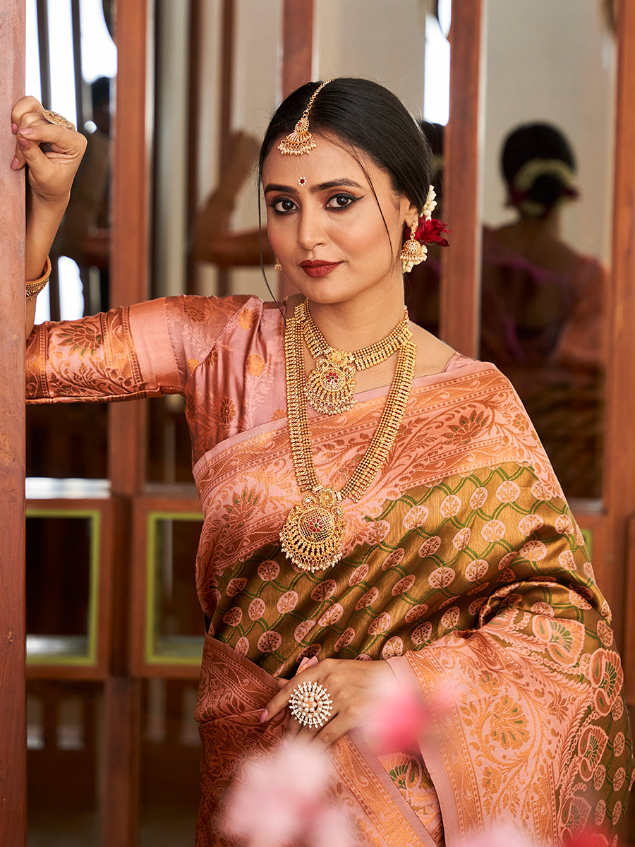 Olive Green & Pink Zari Woven Wedding Banarasi Silk Saree