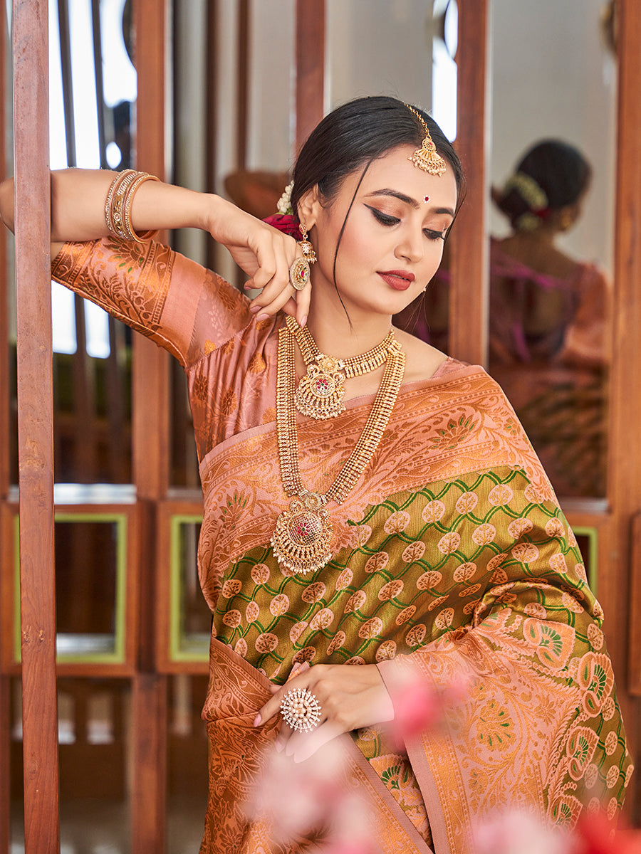 Olive Green & Pink Zari Woven Wedding Banarasi Silk Saree