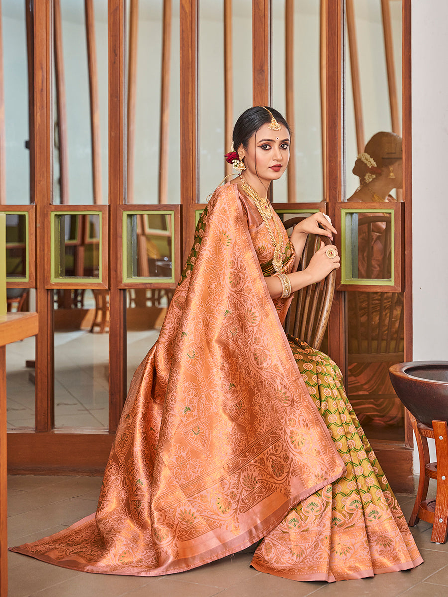 Olive Green & Pink Zari Woven Wedding Banarasi Silk Saree