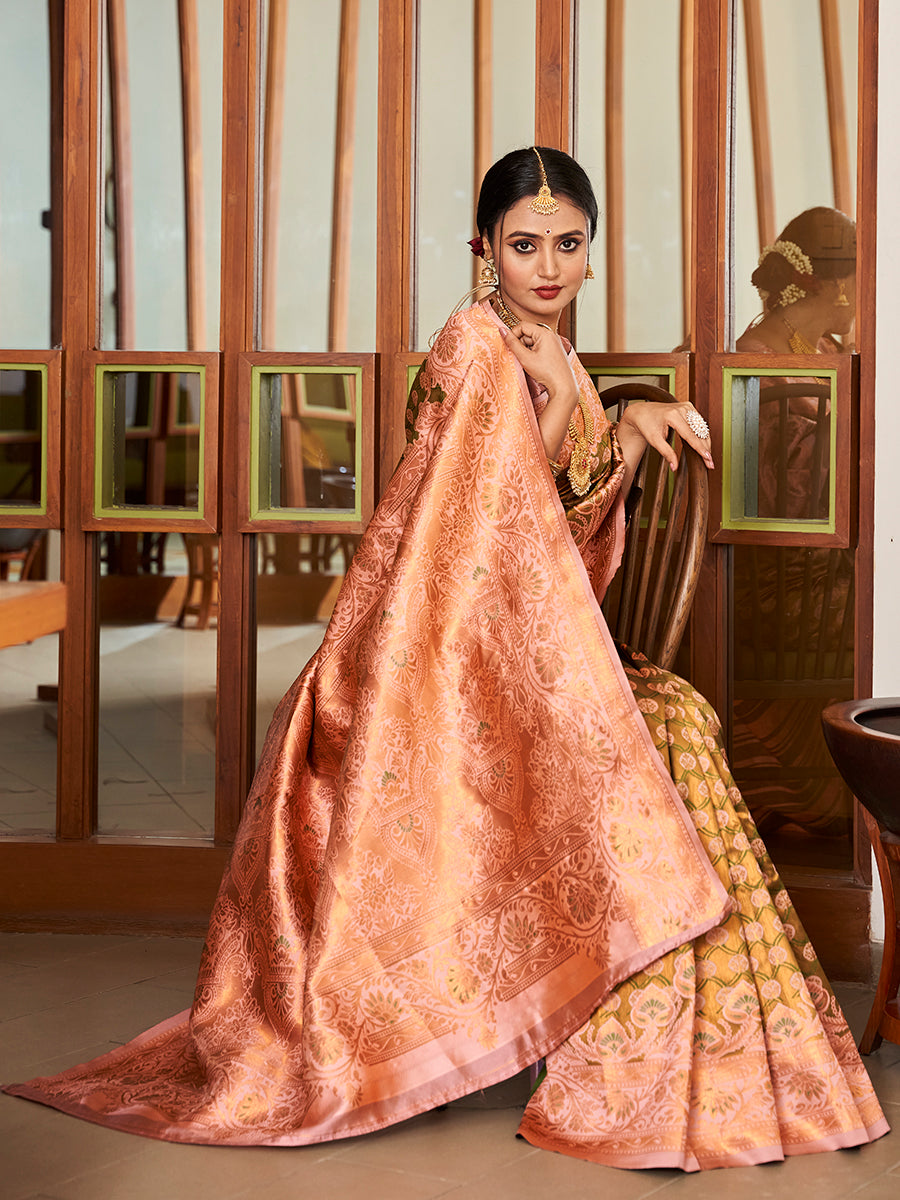 Olive Green & Pink Zari Woven Wedding Banarasi Silk Saree