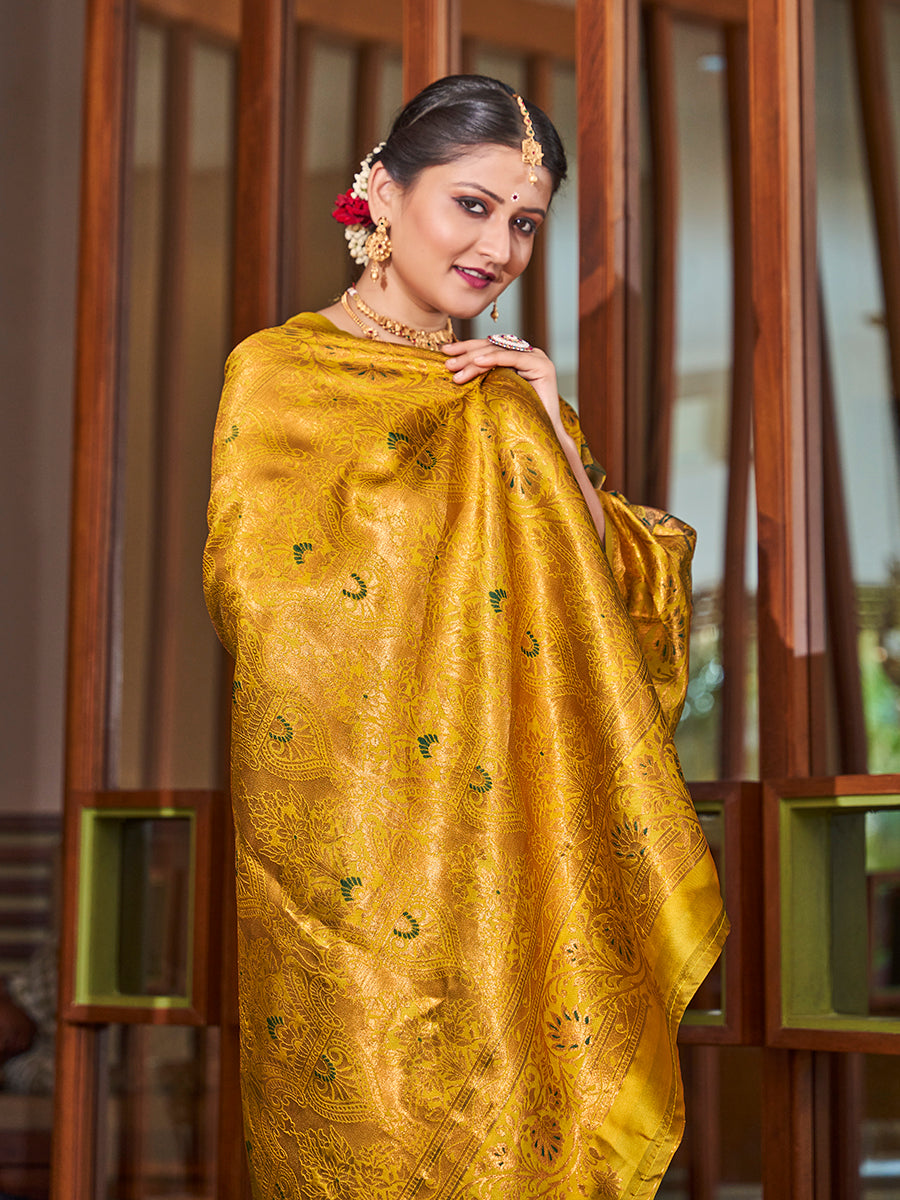 Brown & Yellow Zari Woven Wedding Banarasi Silk Saree