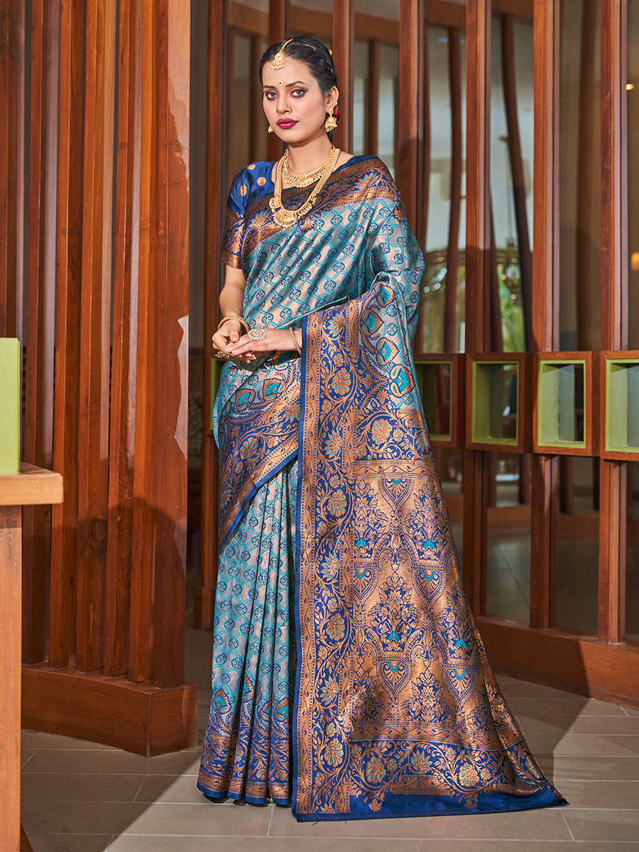Turquoise Blue Zari Woven Wedding Banarasi Silk Saree