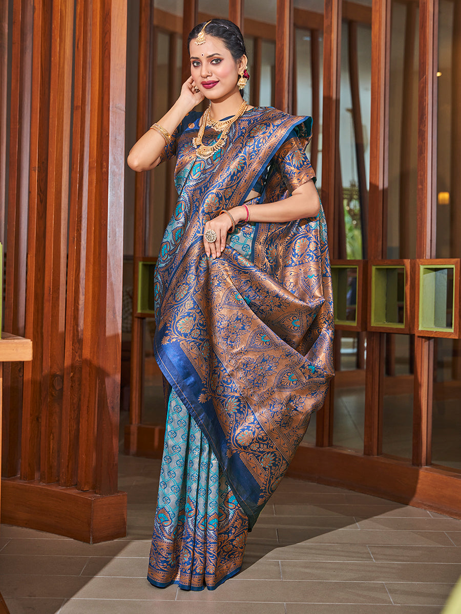 Turquoise Blue Zari Woven Wedding Banarasi Silk Saree