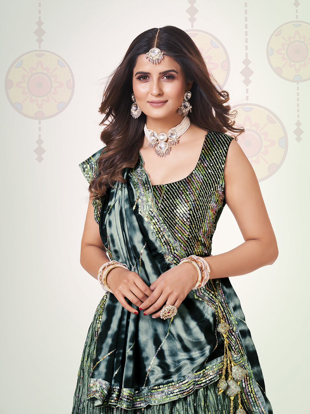 Black & Green Navratri Special Chinon Silk Lehenga Choli