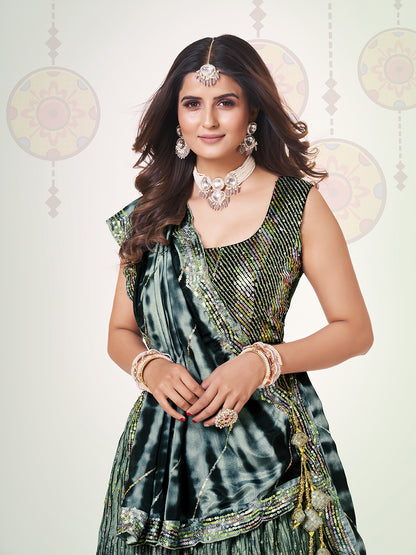 Black & Green Navratri Special Chinon Silk Lehenga Choli