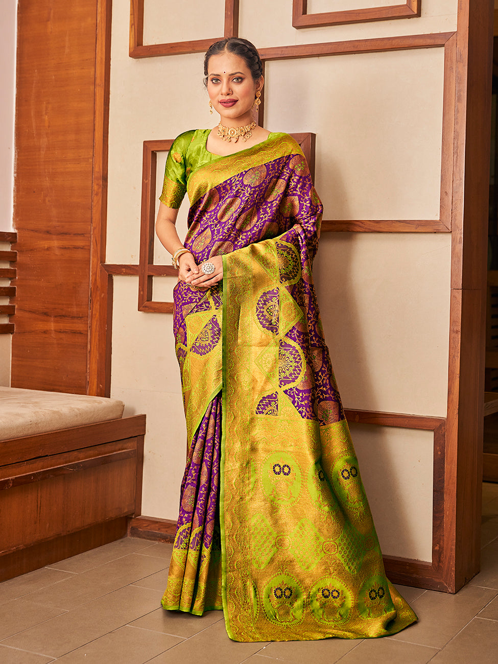 Purple & Green Gold Zari Woven Wedding Banarasi Silk Saree