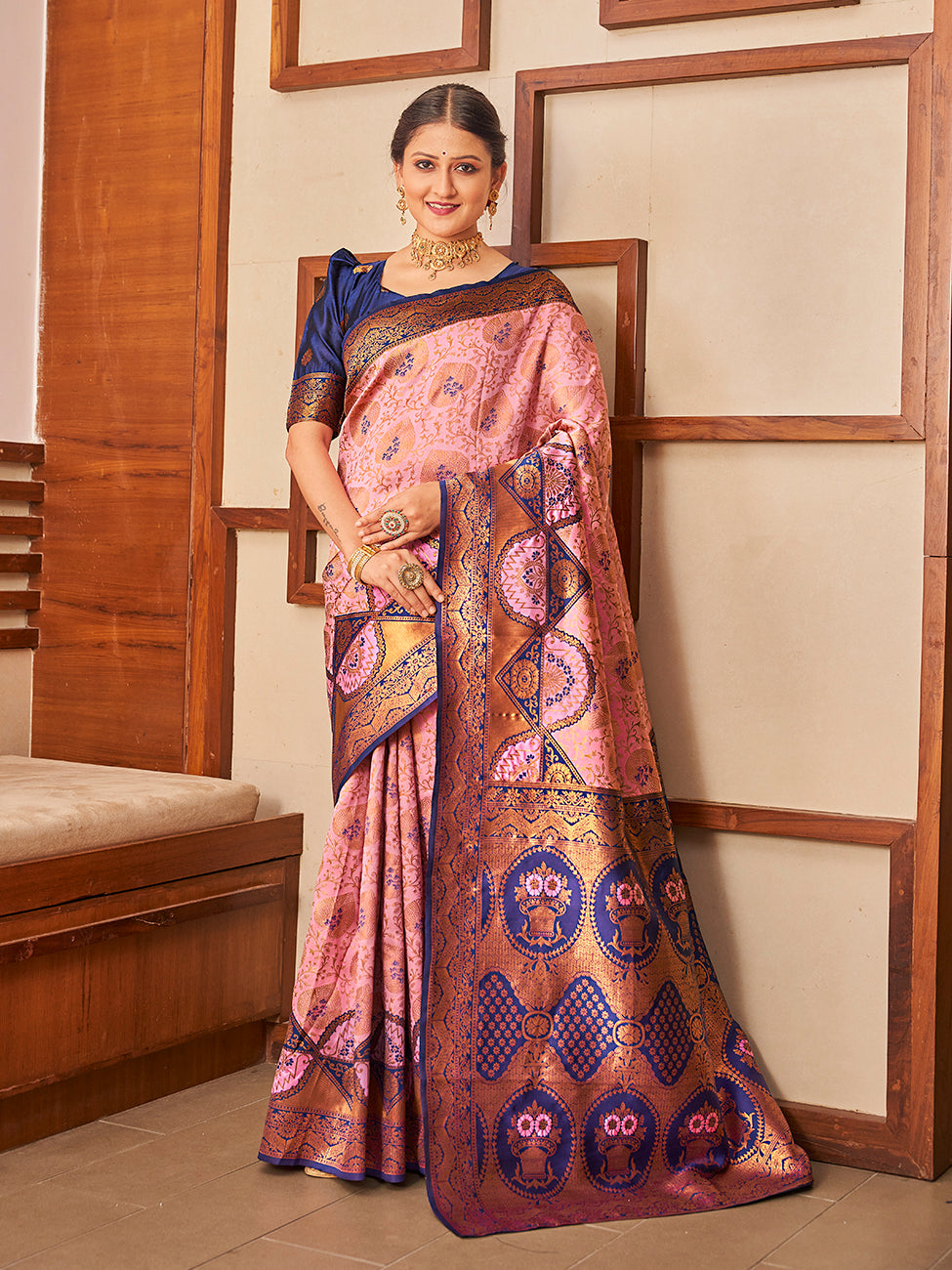 Pink & Blue Gold Zari Woven Wedding Banarasi Silk Saree