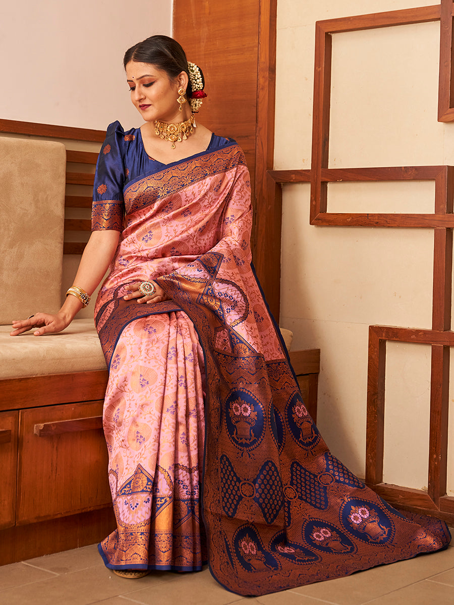 Pink & Blue Gold Zari Woven Wedding Banarasi Silk Saree