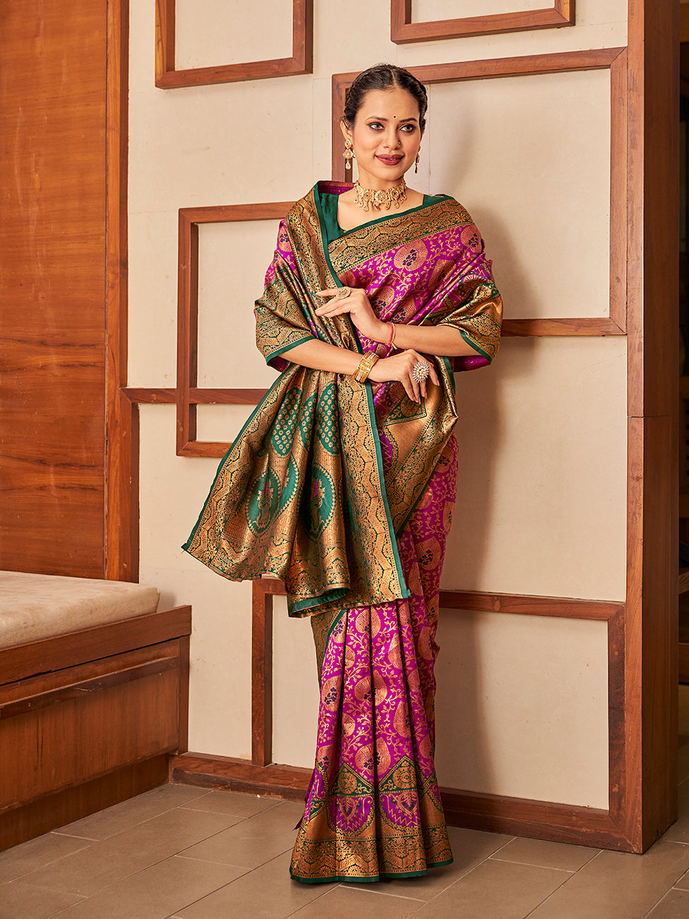 Magenta & Green Gold Zari Woven Wedding Banarasi Silk Saree