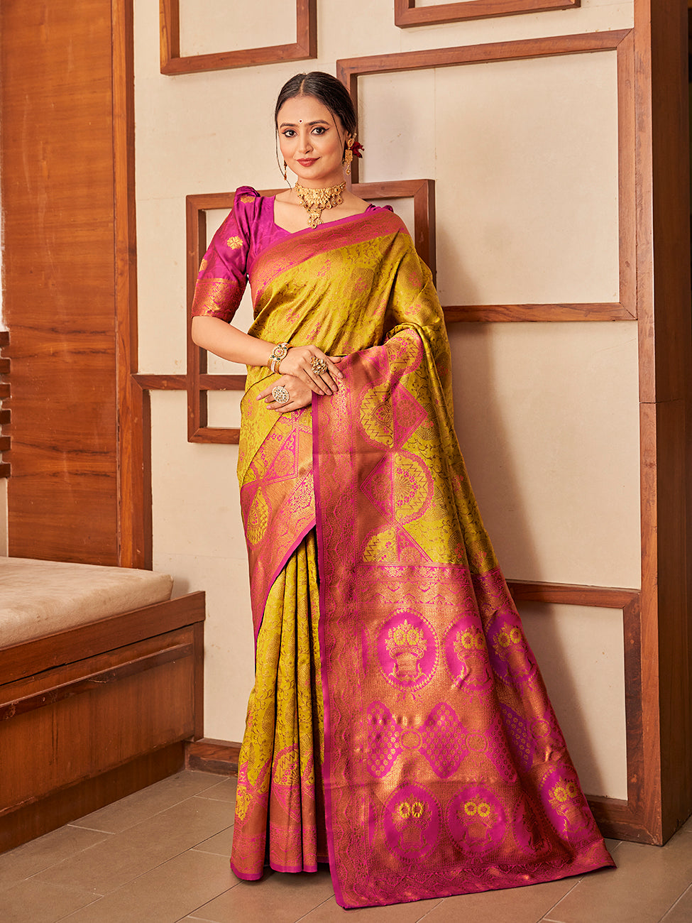 Yellow & Pink Gold Zari Woven Wedding Banarasi Silk Saree