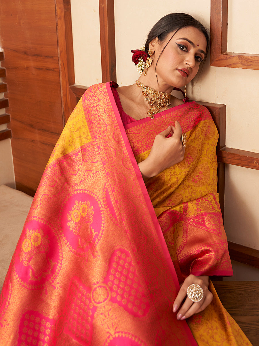 Yellow & Pink Gold Zari Woven Wedding Banarasi Silk Saree