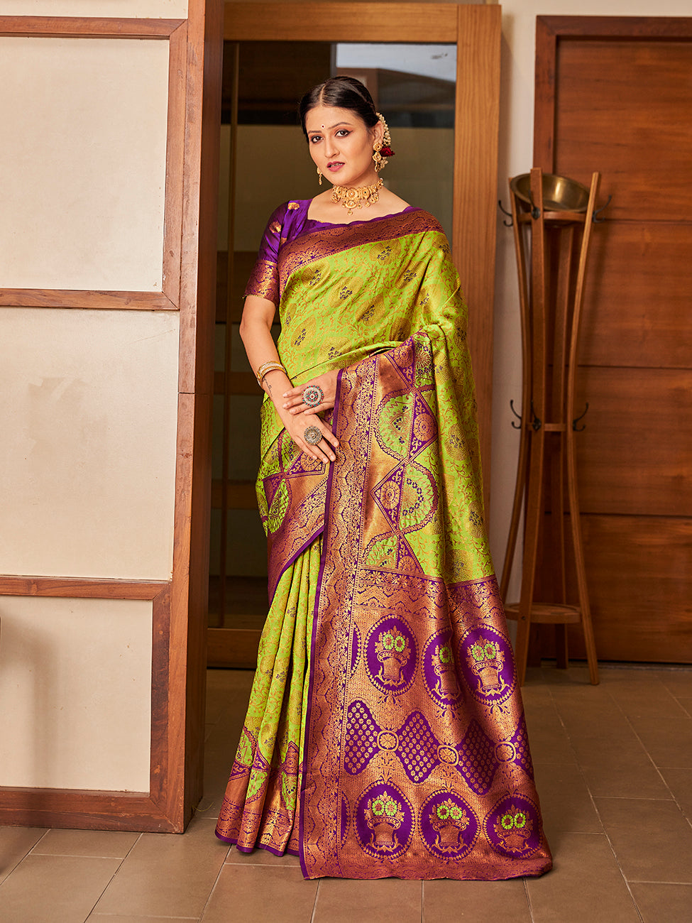 Lime Green & Purple Gold Zari Woven Wedding Banarasi Silk Saree