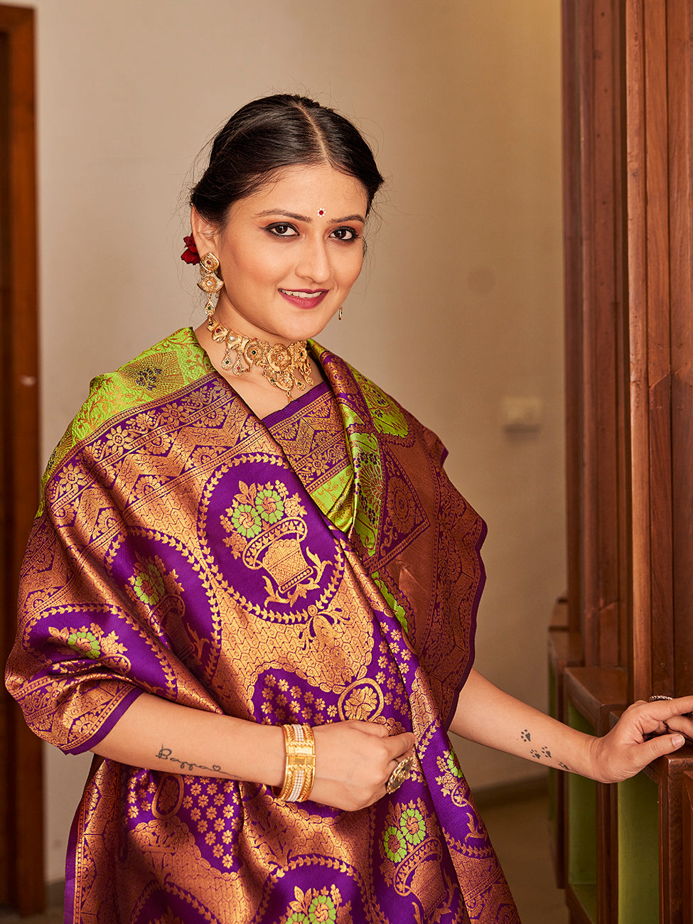 Lime Green & Purple Gold Zari Woven Wedding Banarasi Silk Saree