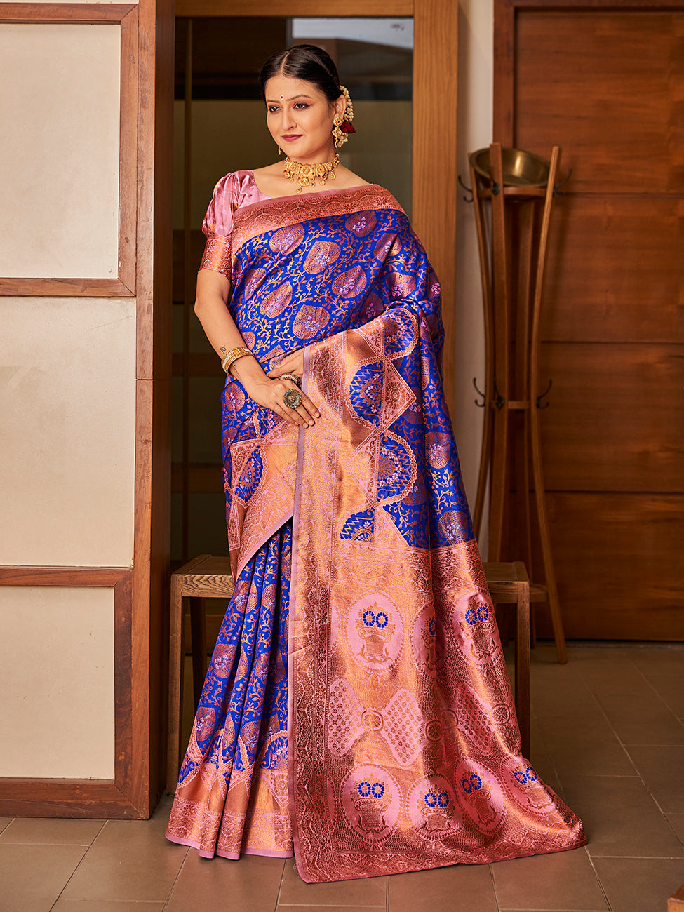 Designer Blue & Pink Gold Zari Woven Wedding Banarasi Silk Saree