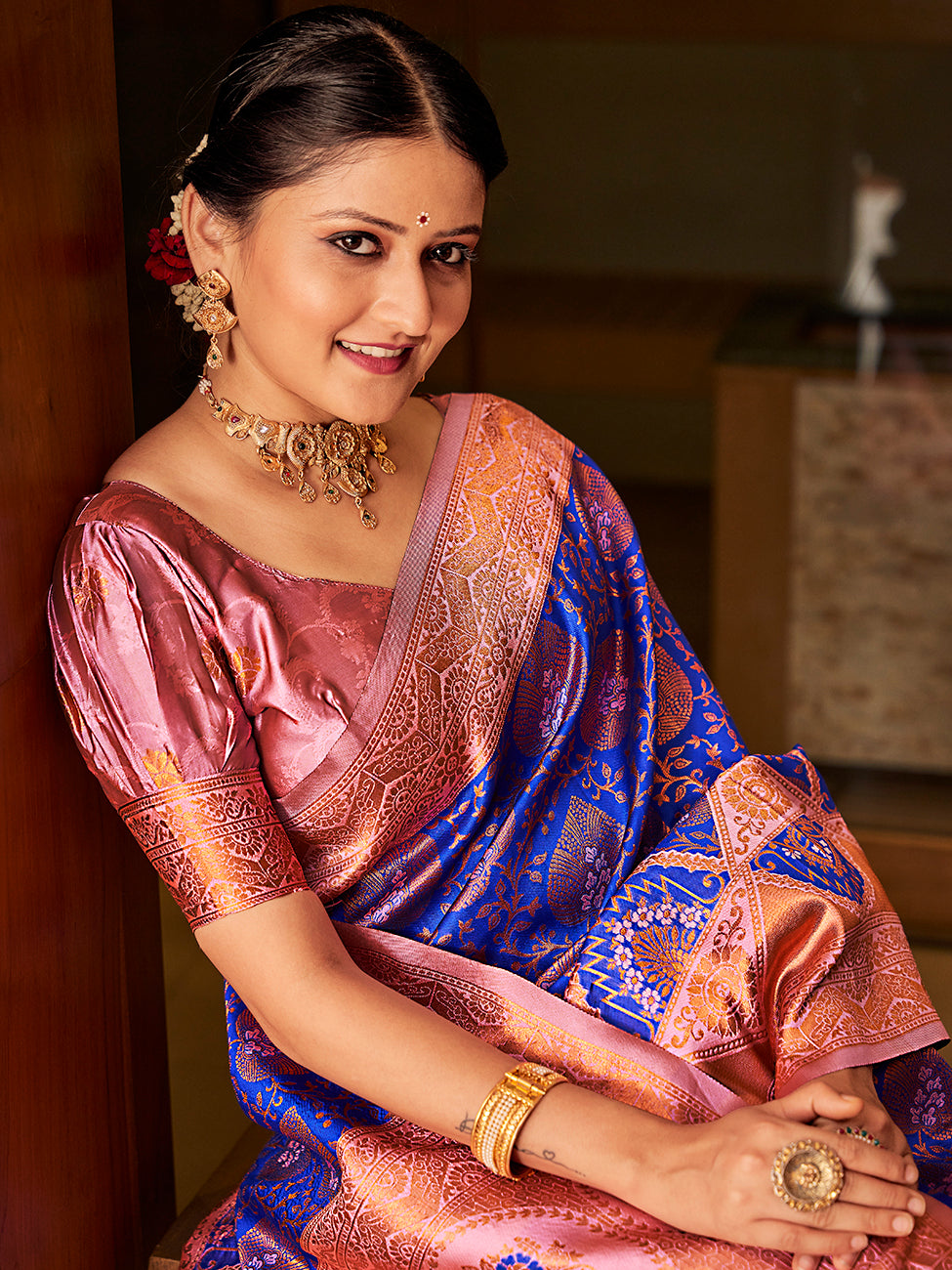Designer Blue & Pink Gold Zari Woven Wedding Banarasi Silk Saree