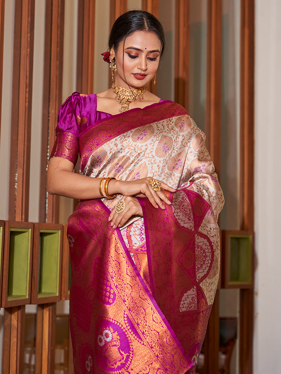 Off White & Purple Gold Zari Woven Wedding Banarasi Silk Saree