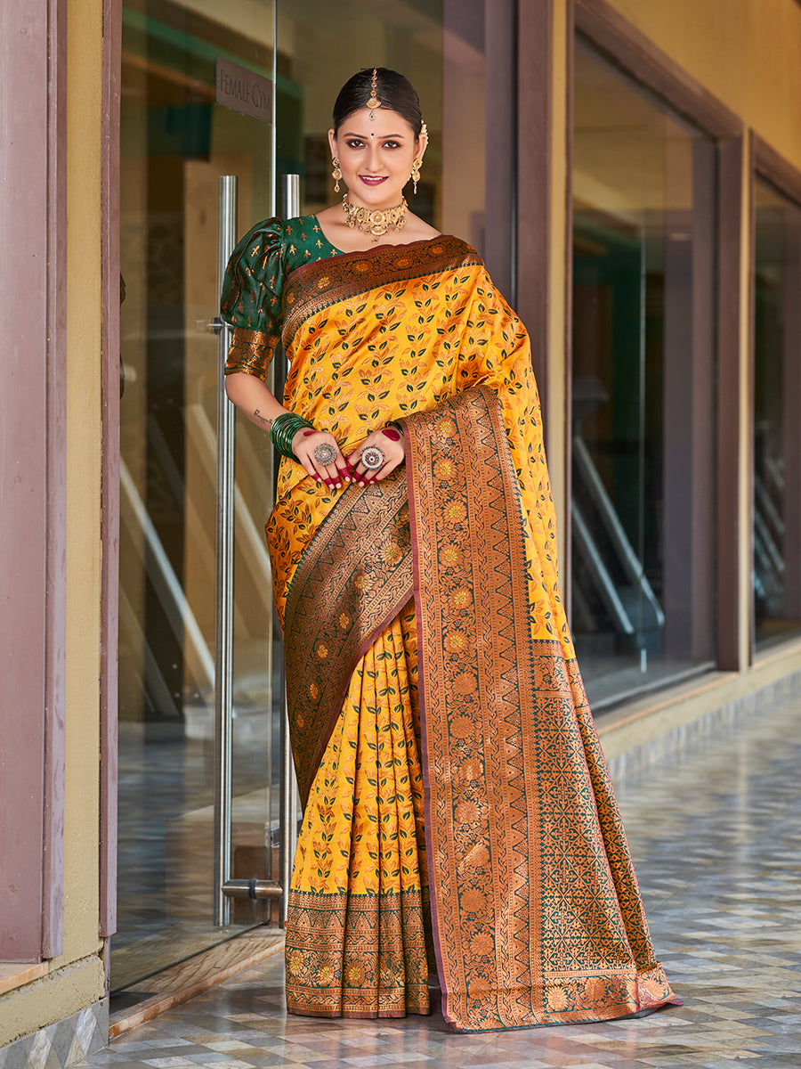 Yellow & Green Gold Zari Woven Wedding Banarasi Silk Saree