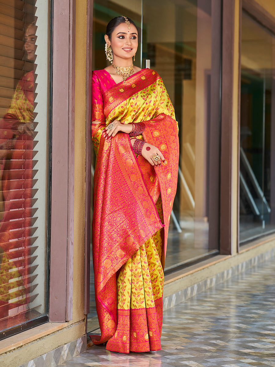 Yellow & Pink Gold Zari Woven Wedding Banarasi Silk Saree