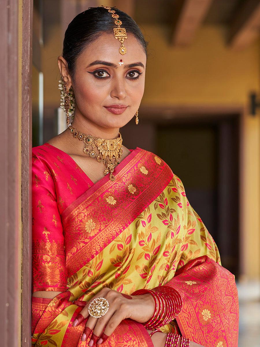Yellow & Pink Gold Zari Woven Wedding Banarasi Silk Saree