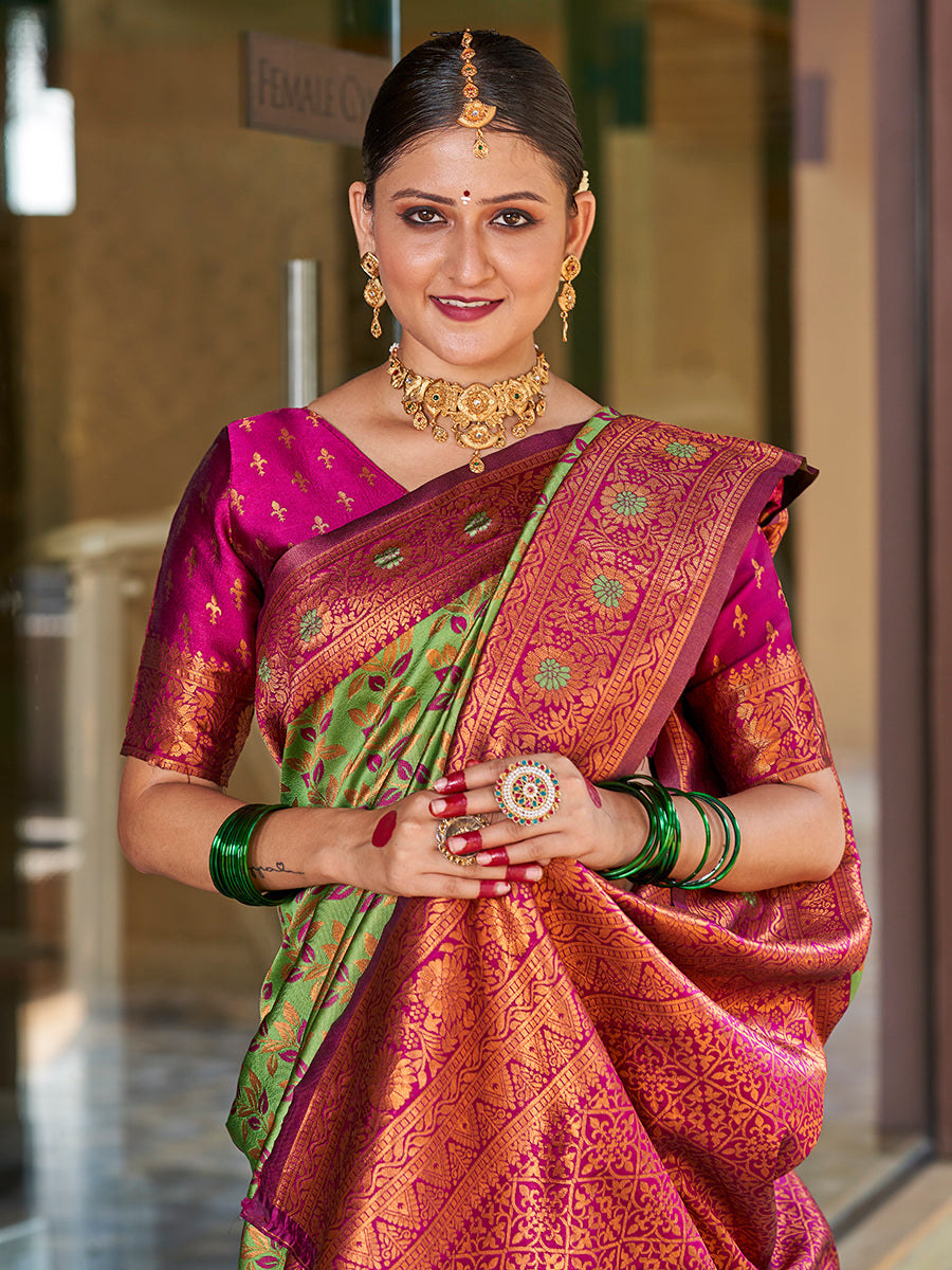 Light Green & Purple Gold Zari Woven Wedding Banarasi Silk Saree