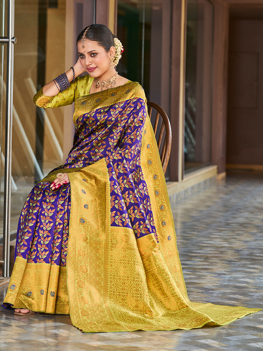 Royal Blue & Yellow Gold Zari Woven Wedding Banarasi Silk Saree