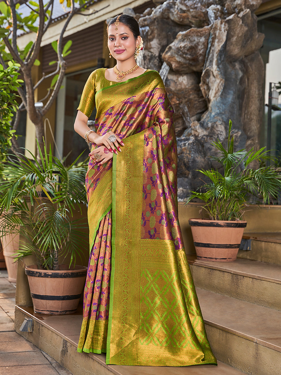 Purple & Mehendi Zari Weaving Wedding Banarasi Silk Saree