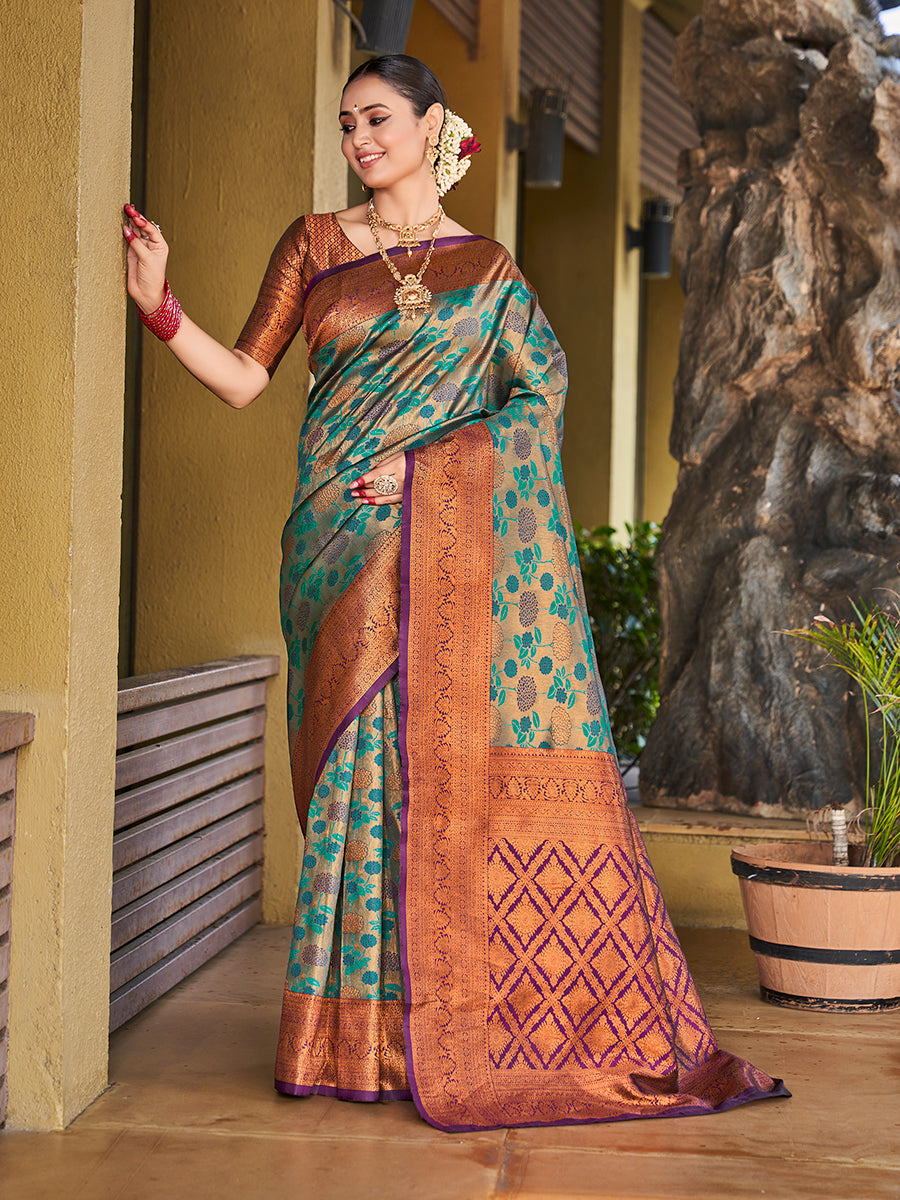 Teal & Purple Zari Weaving Wedding Banarasi Silk Saree