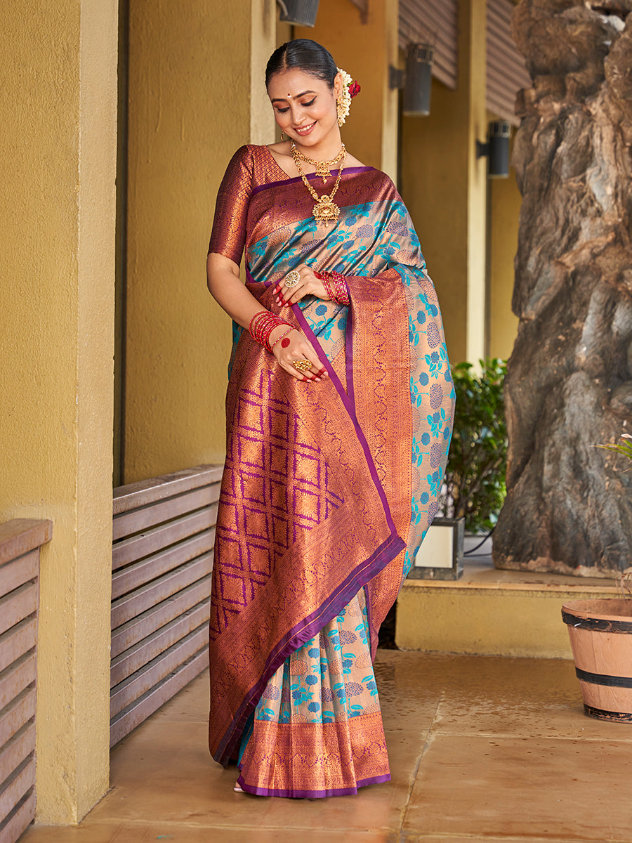 Teal & Purple Zari Weaving Wedding Banarasi Silk Saree