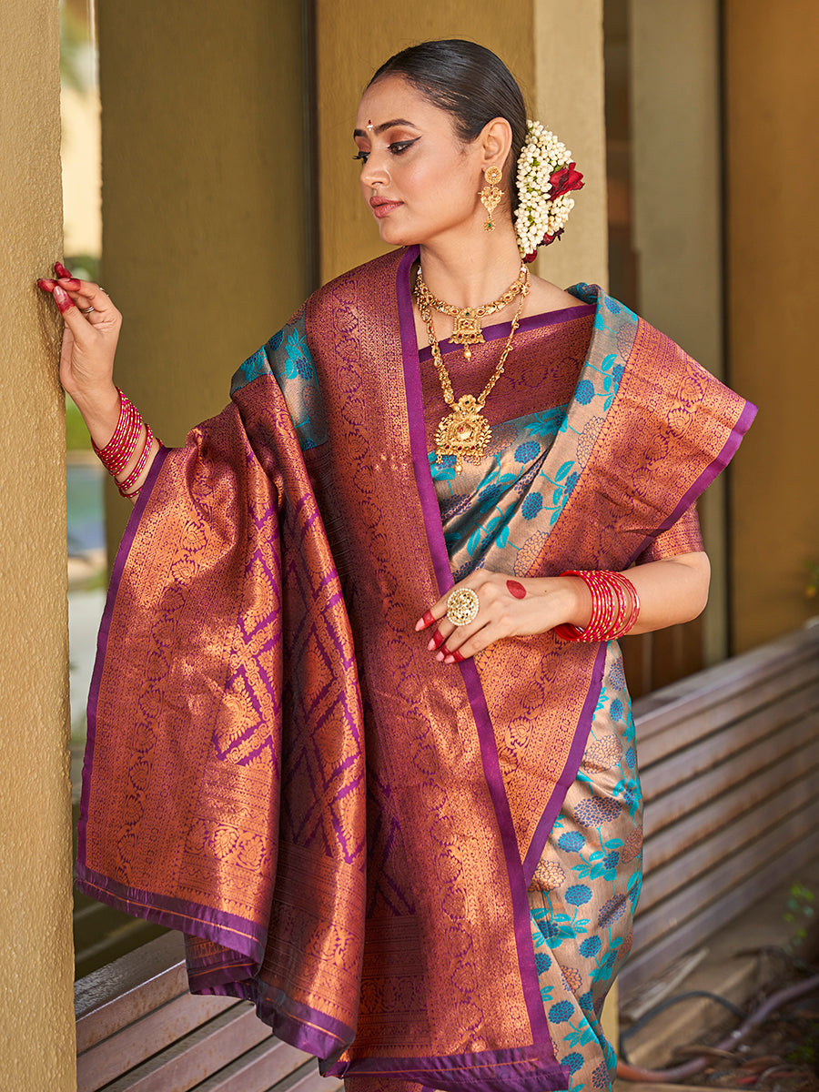 Teal & Purple Zari Weaving Wedding Banarasi Silk Saree