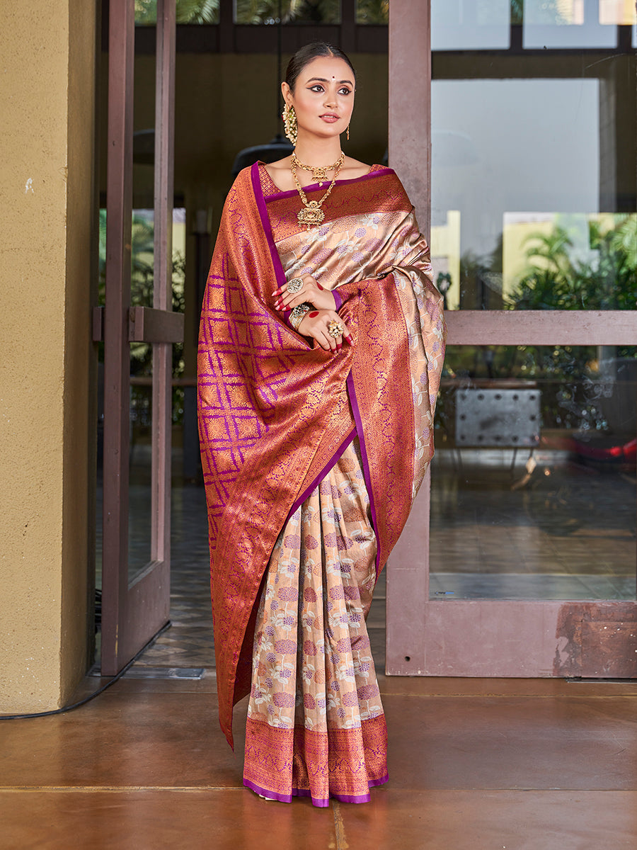 Beige & Purple Zari Weaving Wedding Banarasi Silk Saree