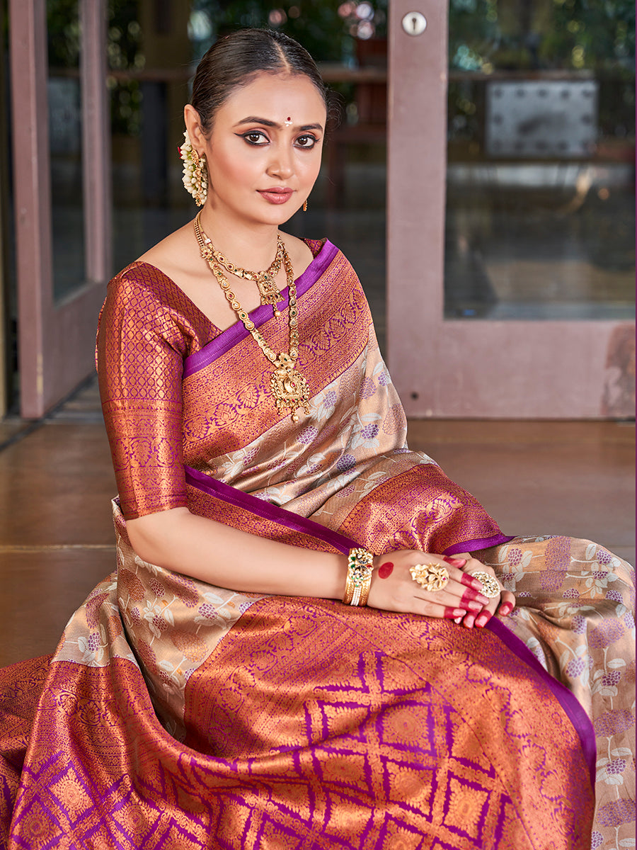 Beige & Purple Zari Weaving Wedding Banarasi Silk Saree