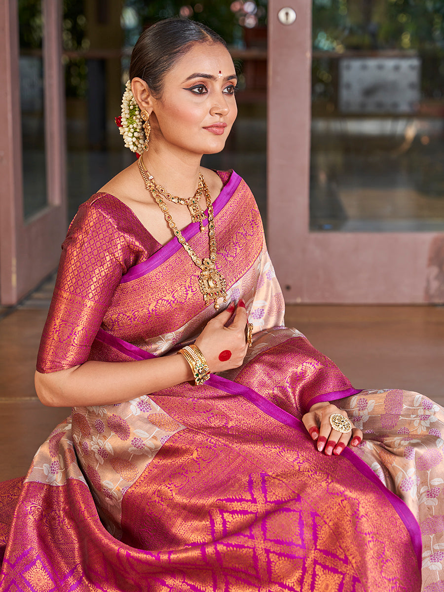 Beige & Purple Zari Weaving Wedding Banarasi Silk Saree