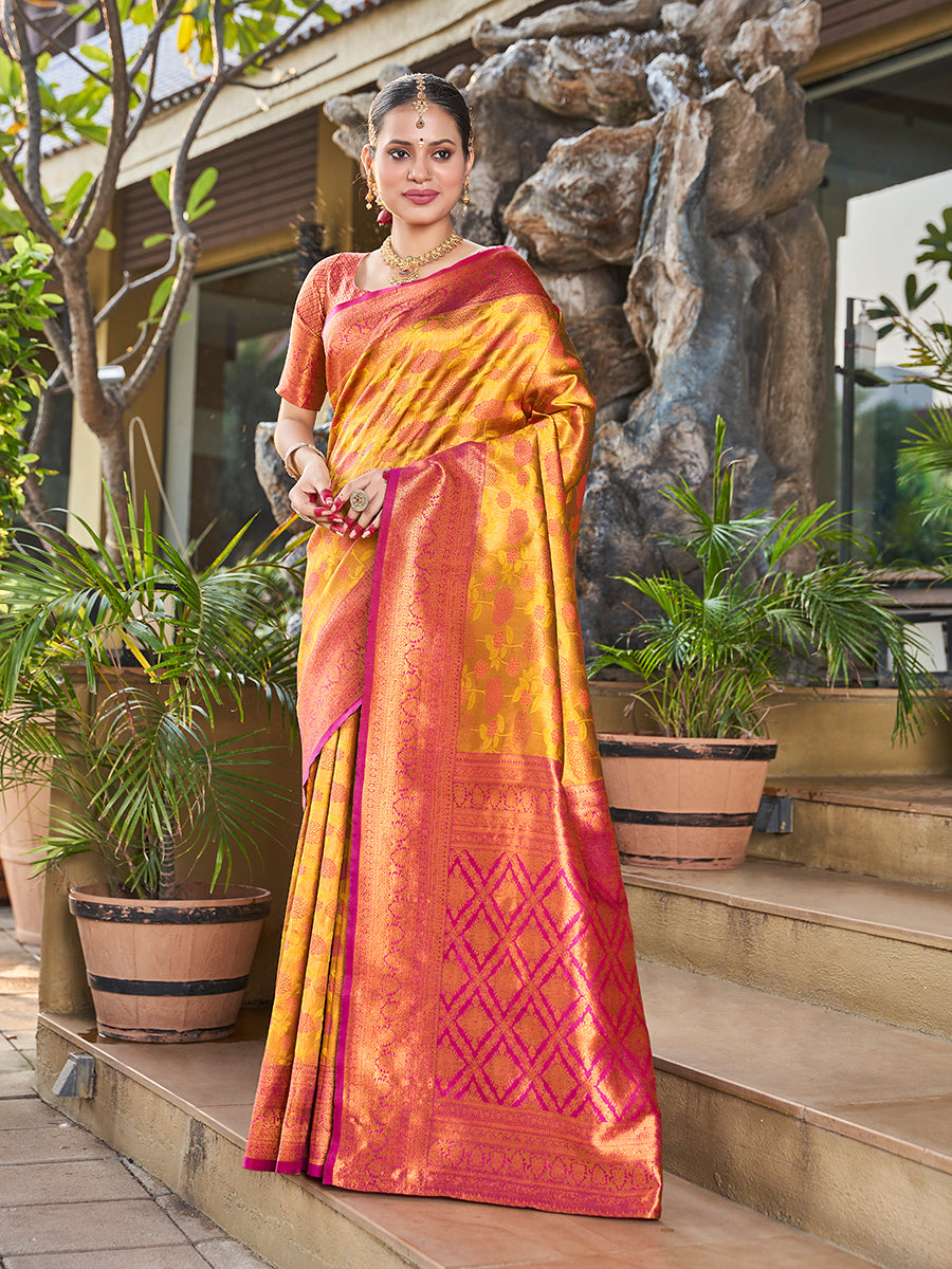 Mustard & Pink Zari Weaving Wedding Banarasi Silk Saree