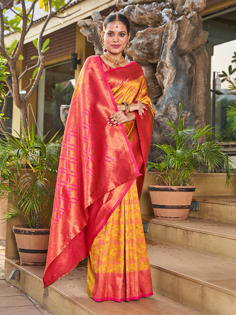 Mustard & Pink Zari Weaving Wedding Banarasi Silk Saree