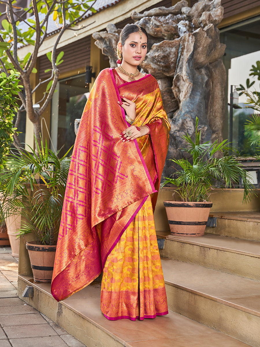 Mustard & Pink Zari Weaving Wedding Banarasi Silk Saree