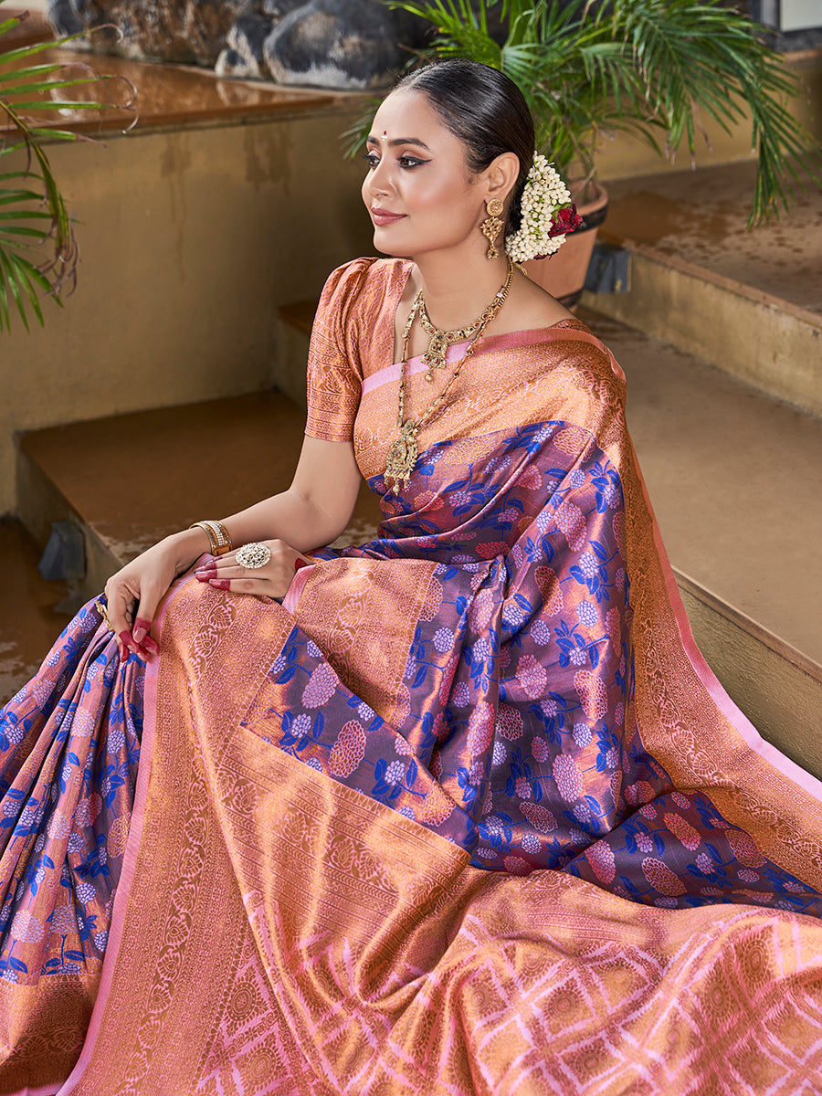 Blue & Pink Zari Weaving Wedding Banarasi Silk Saree