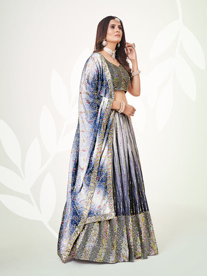 Blue & Grey Navratri Wear Chinon Silk Lehenga Choli