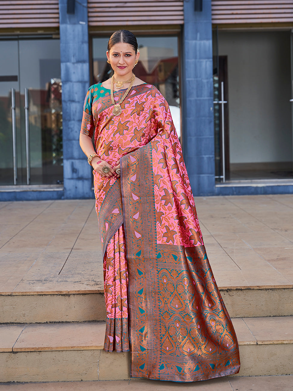 Pink & Teal Traditional Zari Weaving Wedding Banarasi Silk Saree