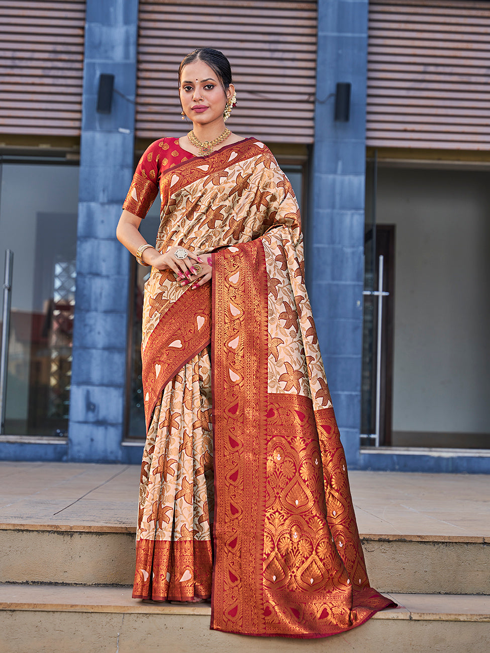 Beige & Maroon Traditional Zari Weaving Wedding Banarasi Silk Saree