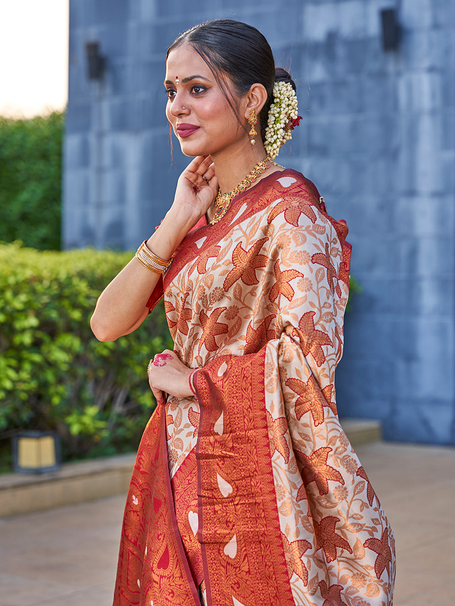 Beige & Maroon Traditional Zari Weaving Wedding Banarasi Silk Saree