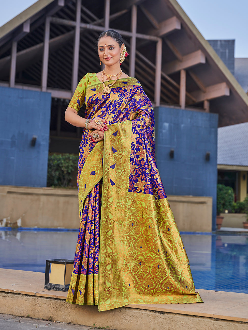 Purple & Yellow Traditional Zari Weaving Wedding Banarasi Silk Saree
