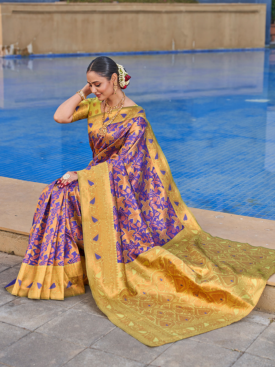 Purple & Yellow Traditional Zari Weaving Wedding Banarasi Silk Saree